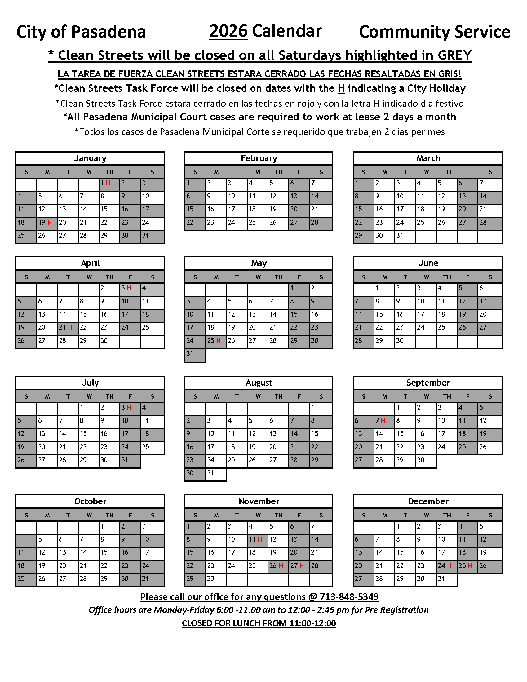 2026 Clean Streets Calendar