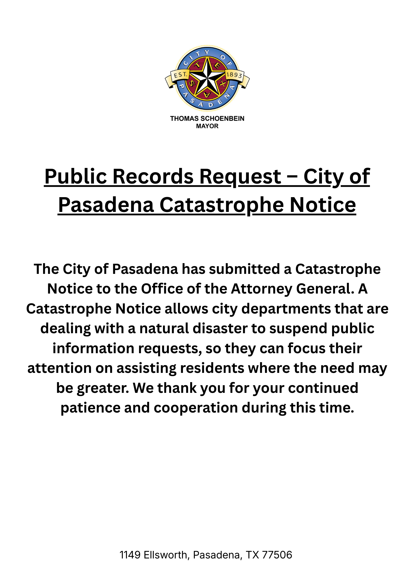 Public Records Request City of Pasadena Catastrophe Notice